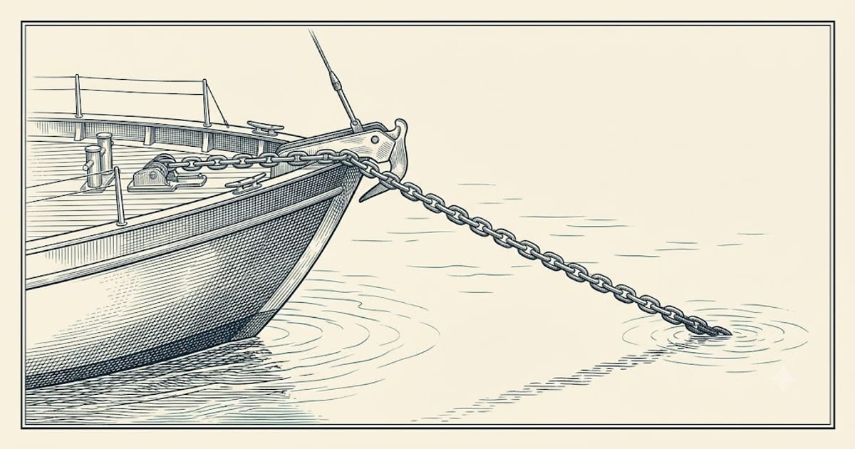 Anchor rode leaving the bow at a shallow angle