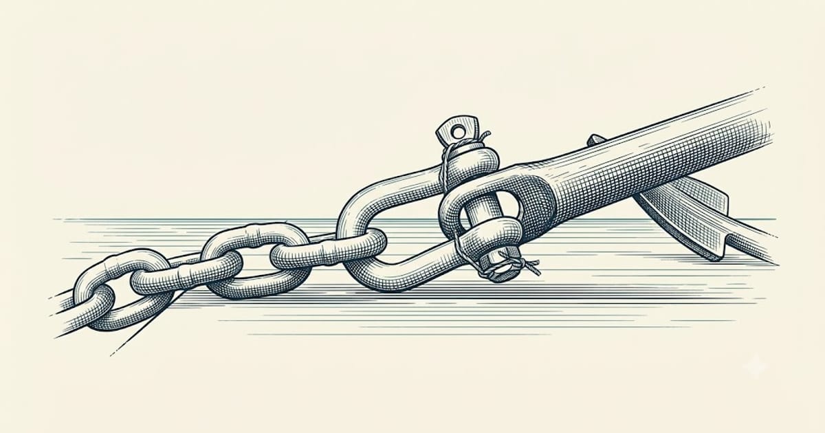 Galvanised shackle joining chain to an anchor shank