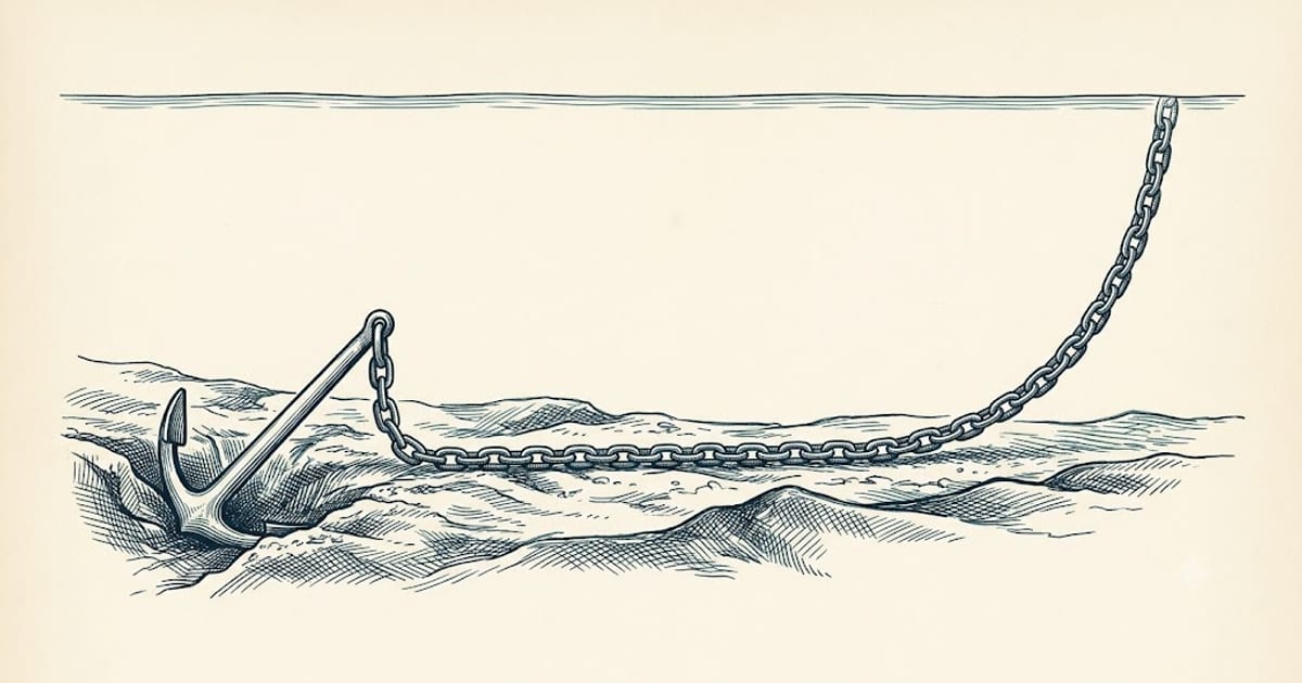 An anchor set in the seabed with the rode running away at a low angle