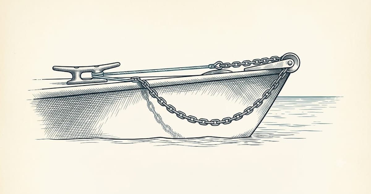 Nylon snubber running from chain to a bow cleat