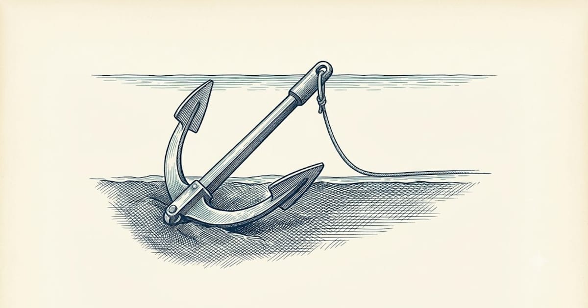 A fluke anchor buried in soft bottom with the shank at a low angle