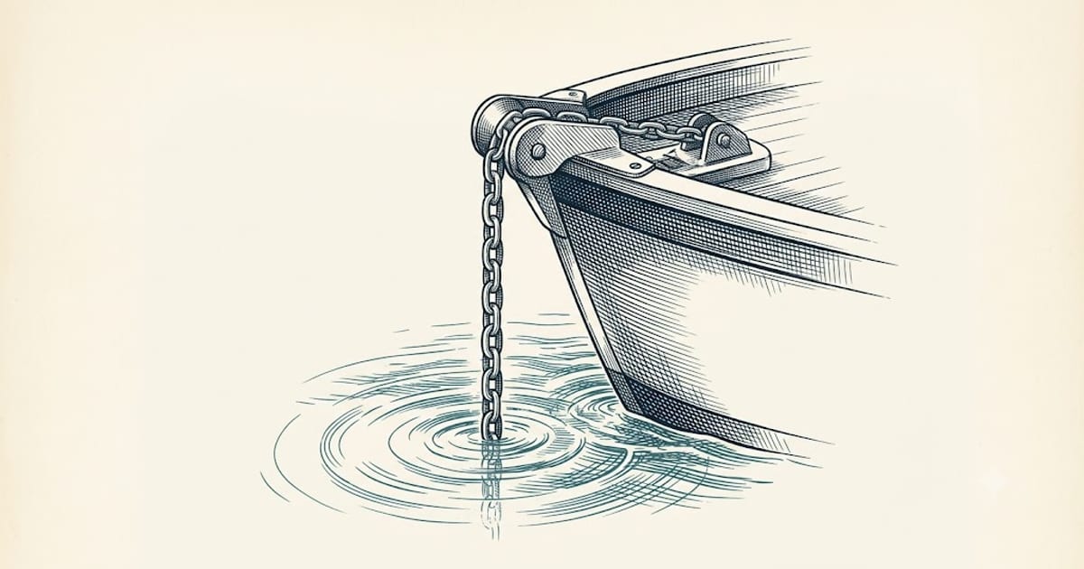 Anchor chain leading vertically down from a bow