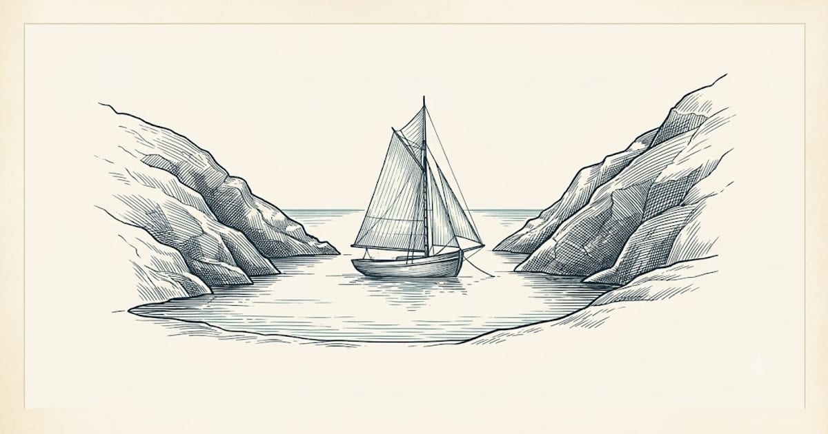Boat lying to two anchors in a narrow anchorage
