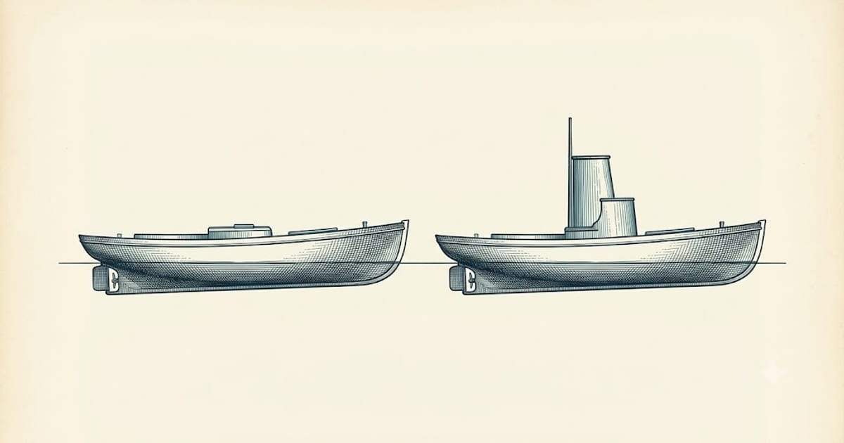 Two boats of the same length with very different profiles above the water