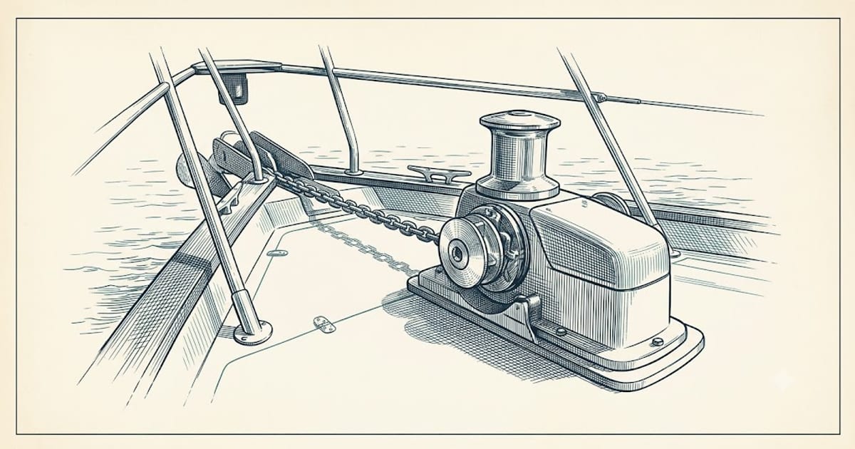 Anchor windlass mounted on a boat foredeck